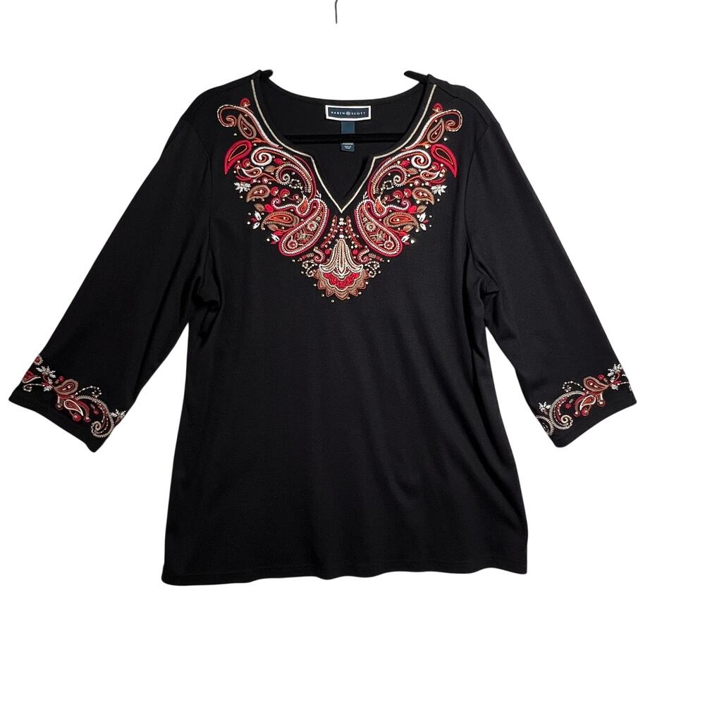 KAREN SCOTT Top Women XL Black Paisley Embroidered 3/4 Sleeve Cotton Blend